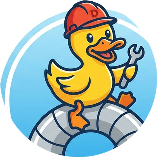DuctDuck logo — a duck in a hard hat standing on a length of round duct